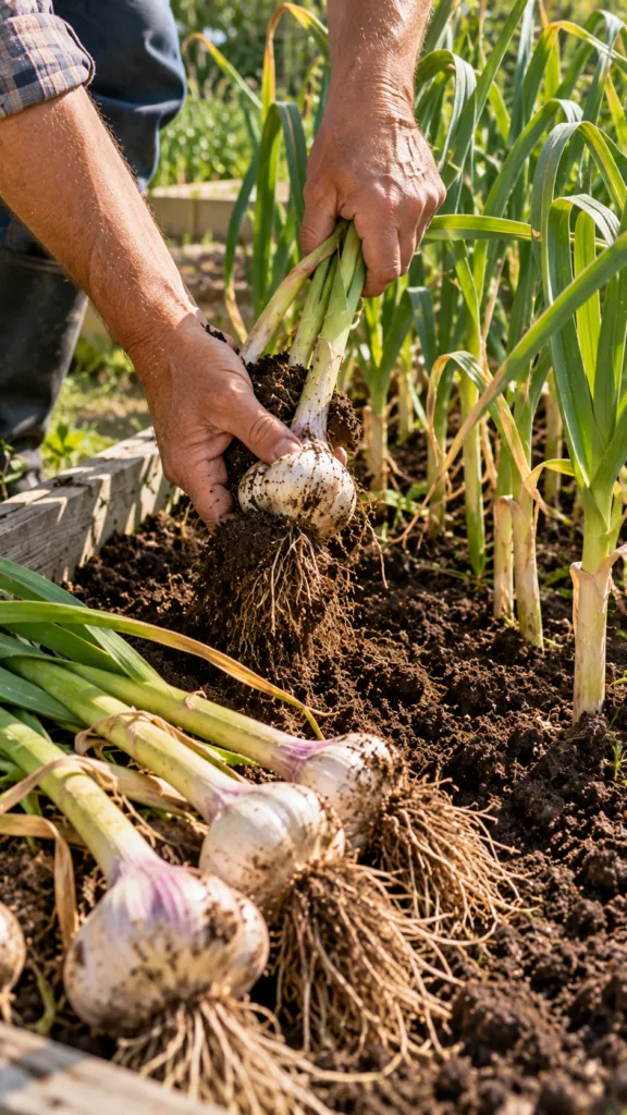A close-up of a person s hands holding freshly harvested garlic bulbs with their green stalks and soil-covered roots alo
