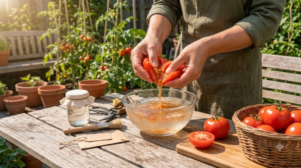 Close-up of hands extracting tomato seeds into a bowl of water with fresh tomatoes and a garden background