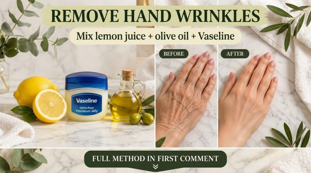 A vertical graphic showcasing lemons Vaseline and olive oil ingredients at the top a clear BEFORE and AFTER comparison o