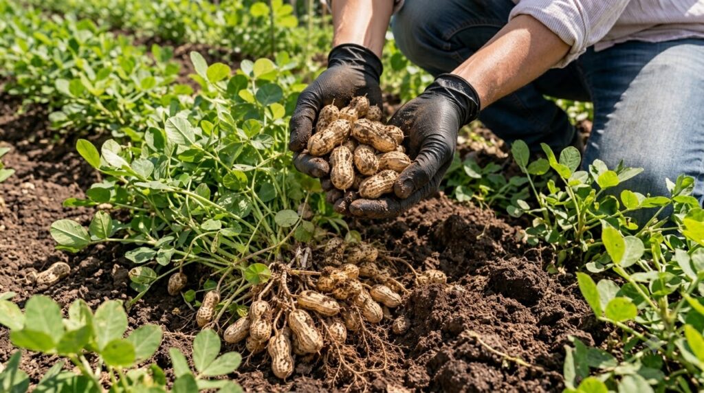 A pair of gloved hands holding a bunch of freshly harvested peanuts with roots and soil still attached More peanuts are 