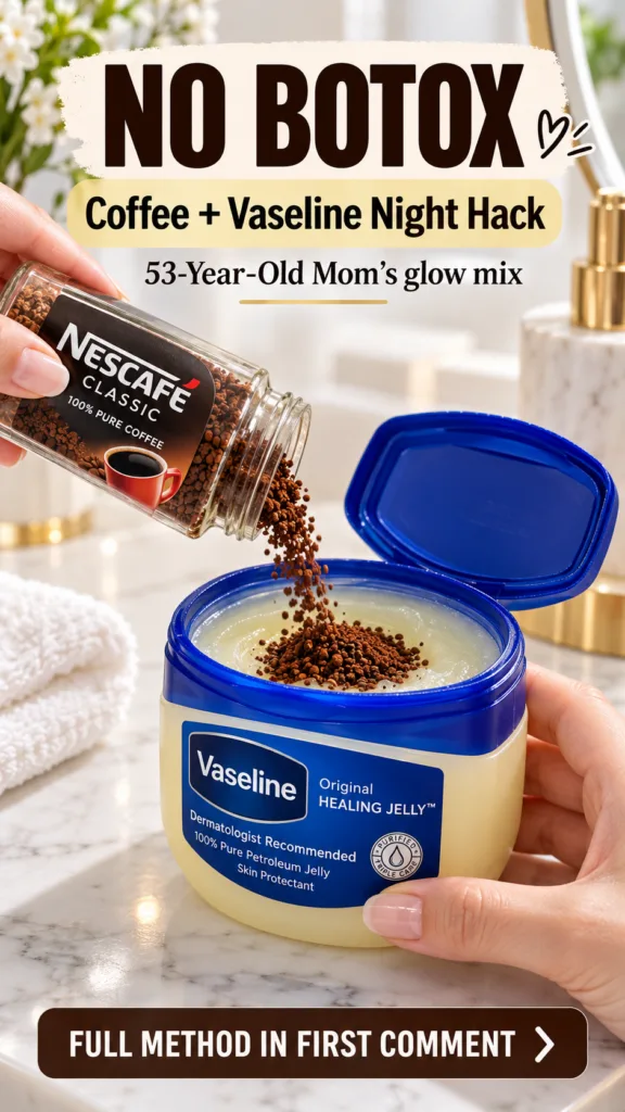 A hand pouring coffee granules into a jar of Vaseline illustrating the start of the DIY beauty hack