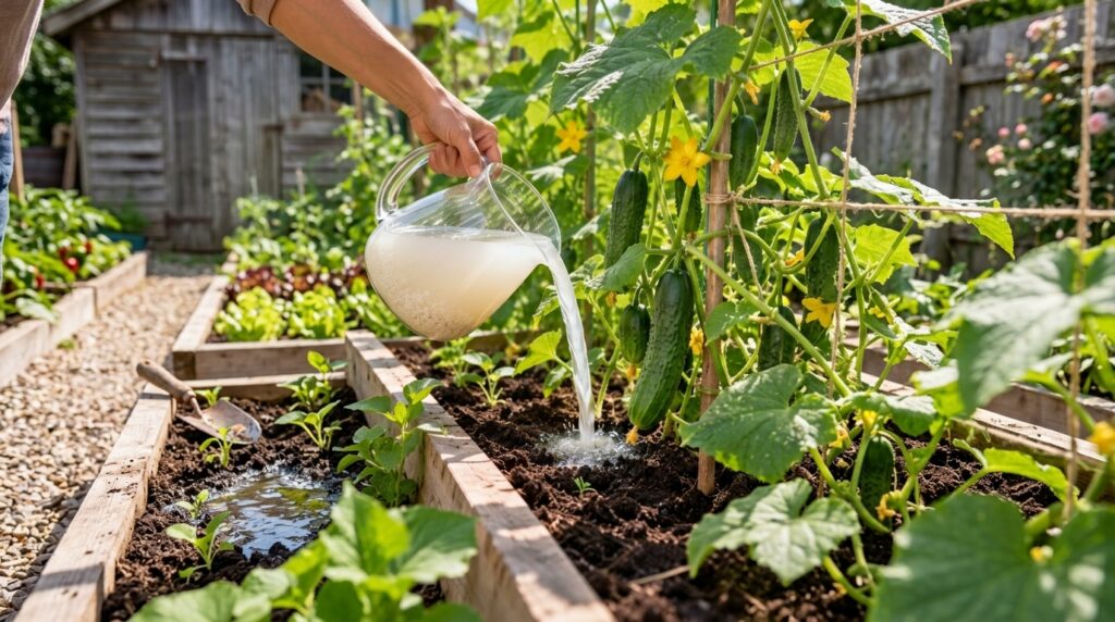 A close-up of a hand pouring cloudy rice water from a glass pitcher onto the soil around young cucumber plants in a rais