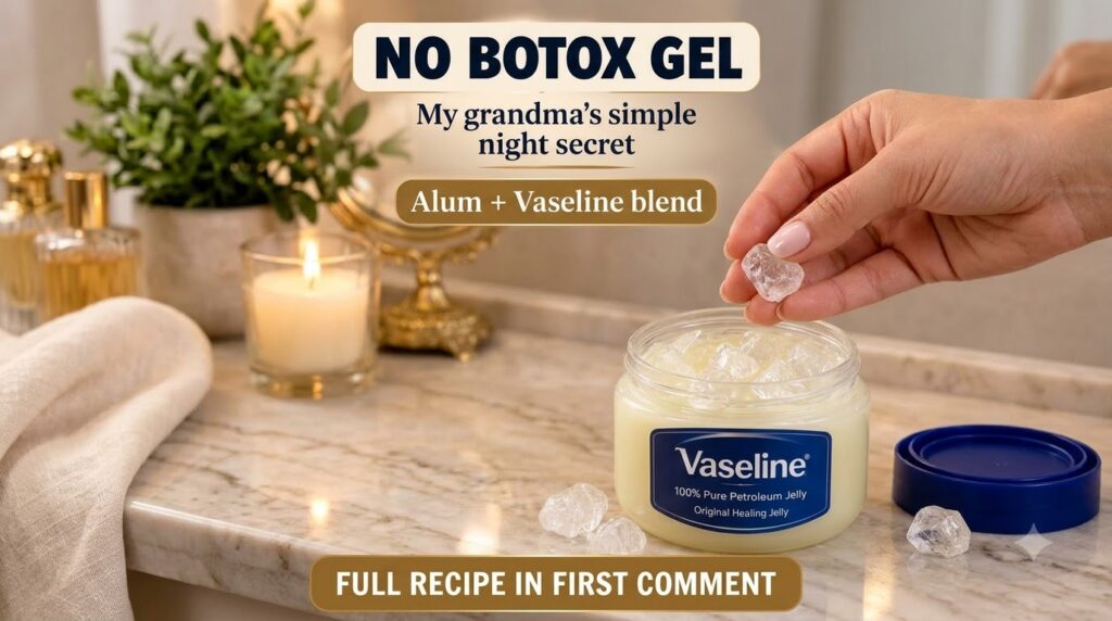A hand holding clear crystalline alum pieces above an open jar of Vaseline petroleum jelly with a lit candle in the back
