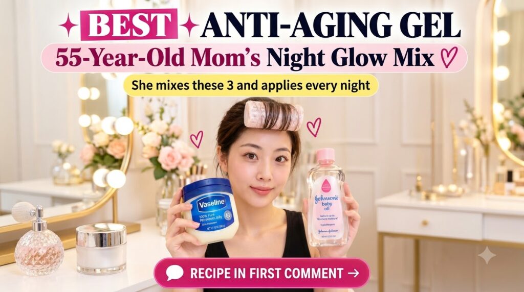 A smiling young woman holding a jar of Vaseline Petroleum Jelly and a bottle of Johnson s Baby Oil to either side of her