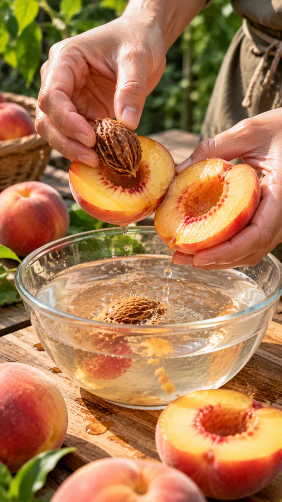 Hands gently removing the pit from a halved peach with water droplets falling into a clear bowl surrounded by whole and 