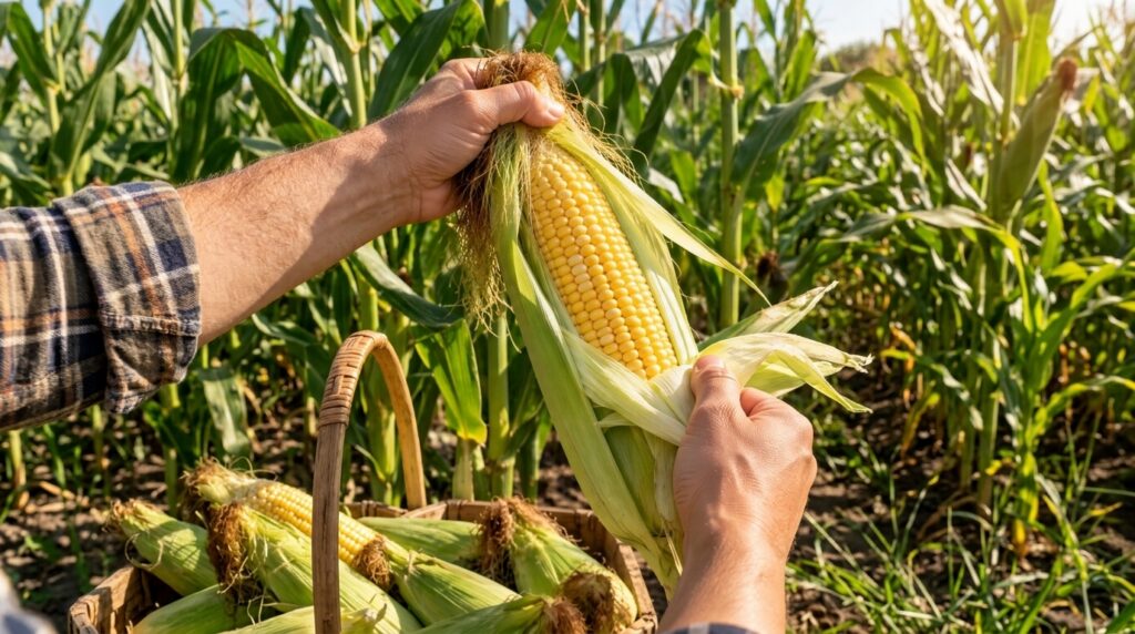 Hands peeling fresh corn husks with a pile of husks ready for composting and a vibrant green cornfield in the background