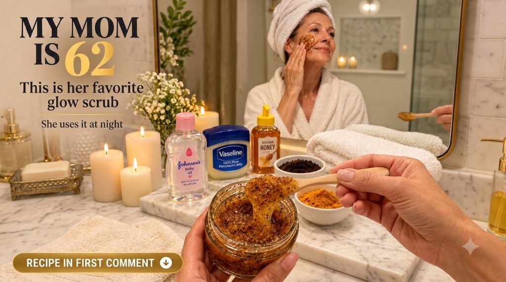 Hands holding a jar of homemade scrub with ingredients like baby oil Vaseline honey coffee grounds and turmeric arranged