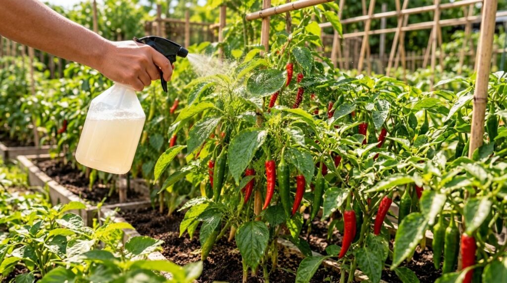 A hand gently sprays water onto a lush pepper plant with green and red peppers highlighting the fresh water droplets on
