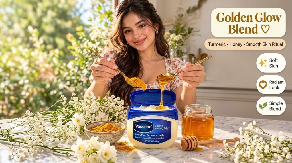 A smiling woman holding two golden spoons one with turmeric powder and the other dripping honey into a tub of Vaseline O