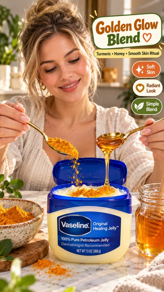 A smiling woman is preparing a DIY skincare blend She holds a spoon showering turmeric powder and another dripping honey