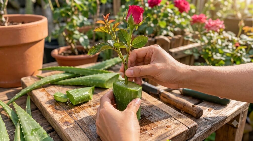 A close-up of hands inserting a fresh rose cutting with a red bud and new leaves into a segment of aloe vera More aloe v