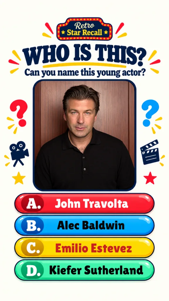 A retro-themed quiz image asking WHO IS THIS featuring a portrait of a young Alec Baldwin with multiple-choice answer bu