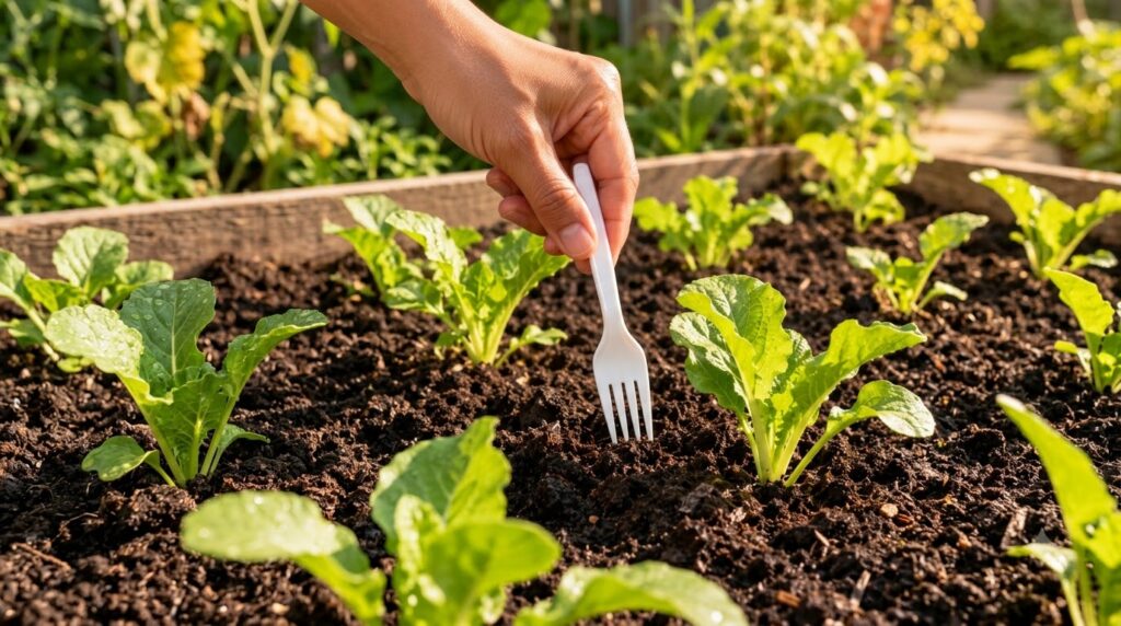 A close-up of a human hand using a small fork to gently cultivate the soil around young vibrant green leafy seedlings in