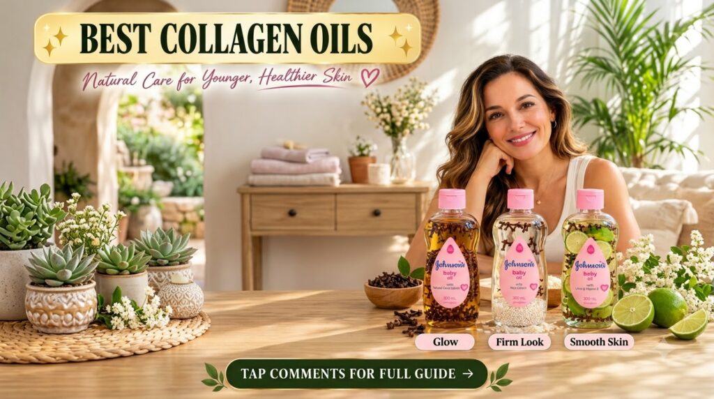A smiling woman with three bottles of Johnson s baby oil infused with cloves rice and lime surrounded by the raw ingredi