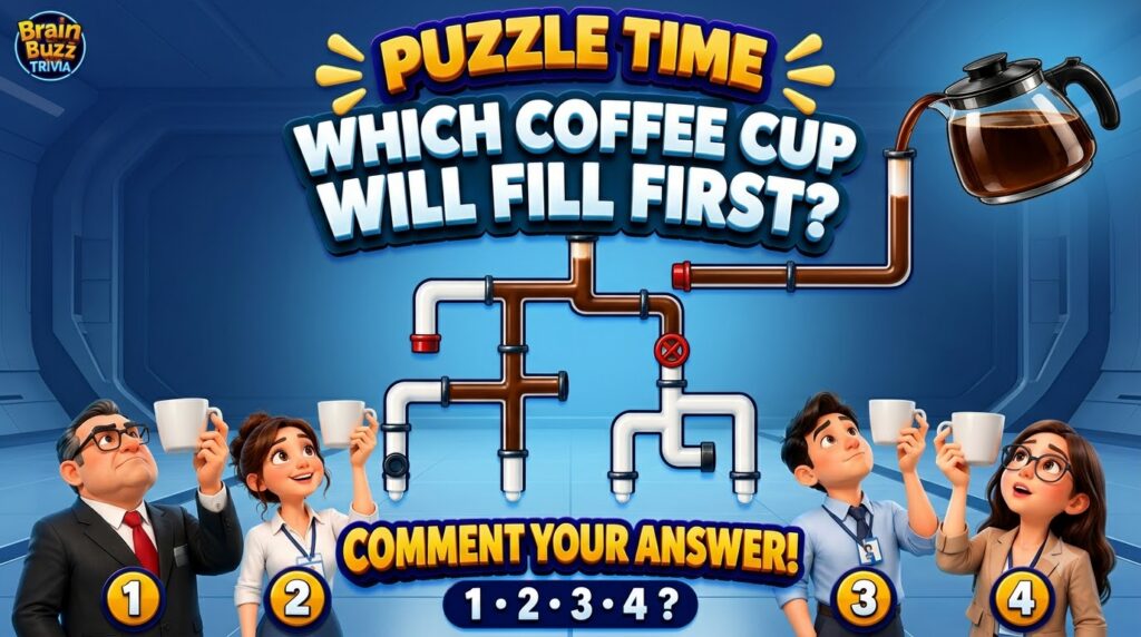 A cartoon-style puzzle showing a coffee pot pouring into a network of pipes with four numbered empty coffee cups below a