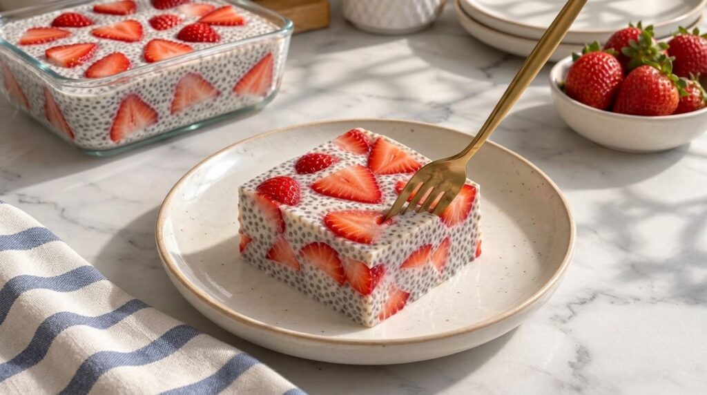 A square slice of strawberry chia pudding rich with black chia seeds and vibrant red strawberry slices prominently displ