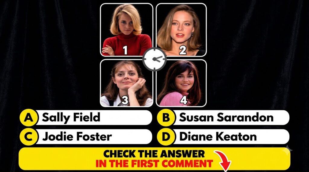 Quiz image featuring four headshots of actresses in a 2x2 grid with a clock icon in the center and multiple-choice optio