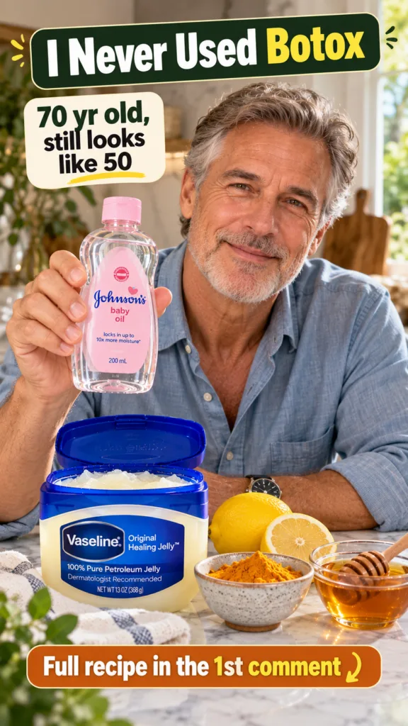 A smiling older man with gray hair and a beard holding a bottle of Johnson s baby oil with an open tub of Vaseline whole