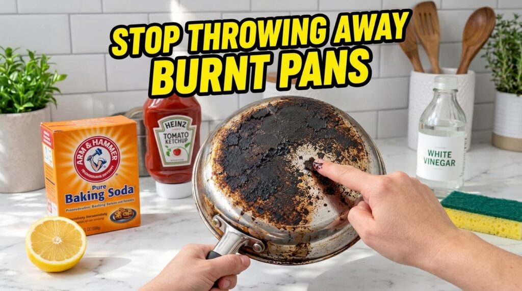 A person s hands holding up a heavily burnt stainless steel frying pan with one finger gently touching the charred resid