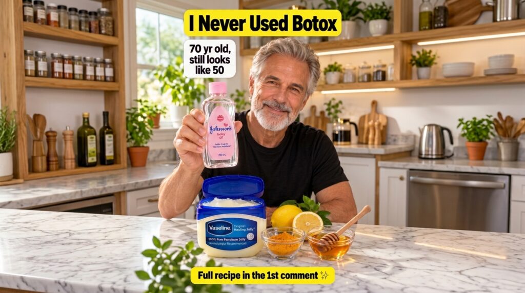 A smiling 70-year-old man with youthful skin gray hair and beard holding a bottle of baby oil On a marble counter in fro