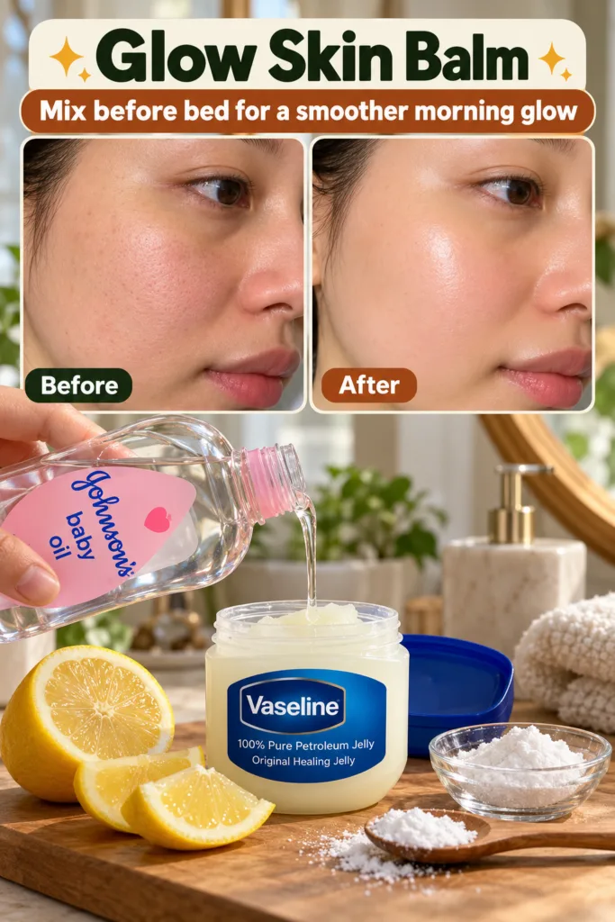 Split image showing a woman s face before and after using the balm with the after showing smoother glowing skin The bott