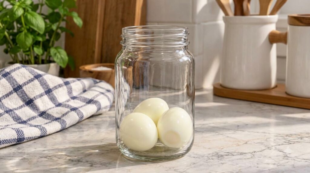 Three peeled hard-boiled eggs neatly arranged inside a clear glass jar centered on a light-colored marble countertop The