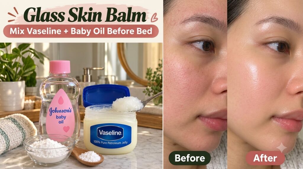 A vertical split image showing a Before and After of a face with clearer glowing skin alongside the ingredients a bottle