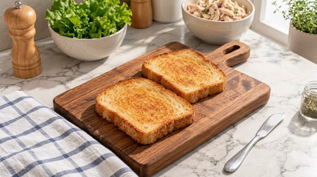 Two slices of golden-brown toasted bread on a wooden cutting board with blurred bowls of fresh green lettuce and another