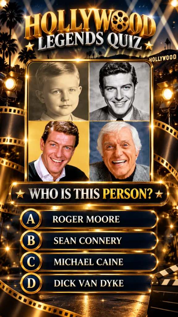 A quiz graphic featuring a four-panel collage of Dick Van Dyke at different ages asking WHO IS THIS PERSON