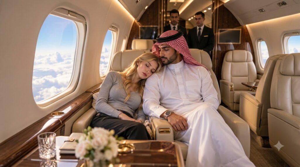 A blonde woman sleeps peacefully with her head on the shoulder of a man in traditional Arab attire inside a luxurious pr