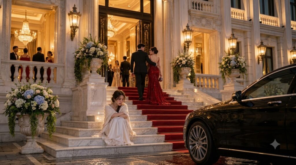 A heartbroken woman sitting on marble steps outside a grand mansion looking forlorn while a glamorous couple ascends a r