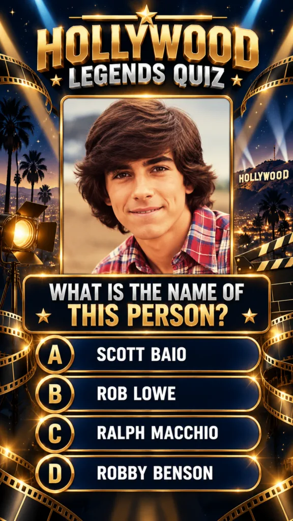 A vertical quiz graphic titled Hollywood Legends Quiz featuring a portrait of a young Robby Benson with a stylized night
