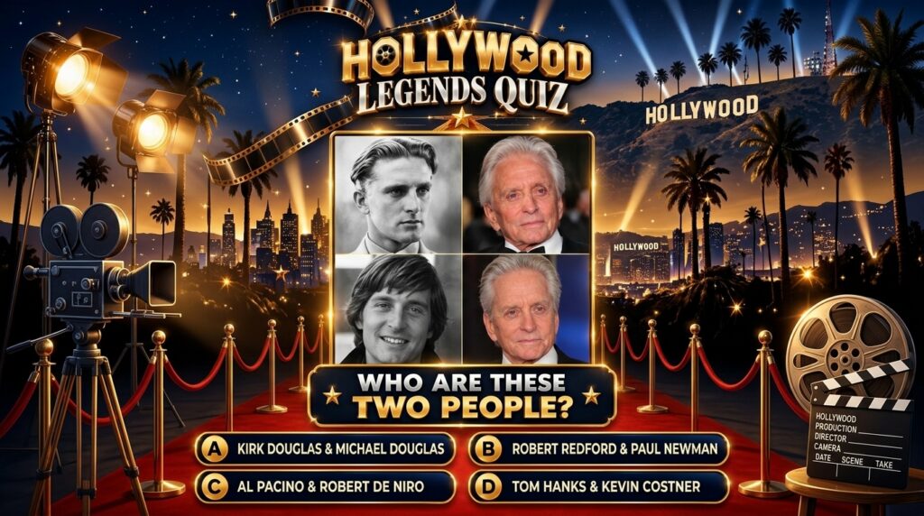 A Hollywood Legends Quiz poster featuring a collage of four portraits of Kirk and Michael Douglas at different ages set 