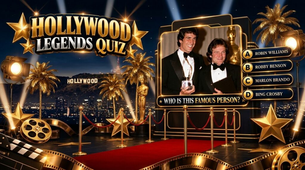 A quiz interface featuring a framed vintage photo of young Robin Williams and Christopher Reeve in tuxedos with a quiz q
