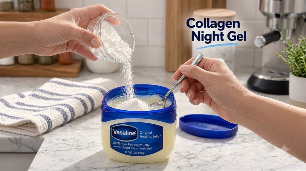 Hands are pouring white collagen powder into a large tub of Vaseline with a spoon already in the jelly on a light-colore