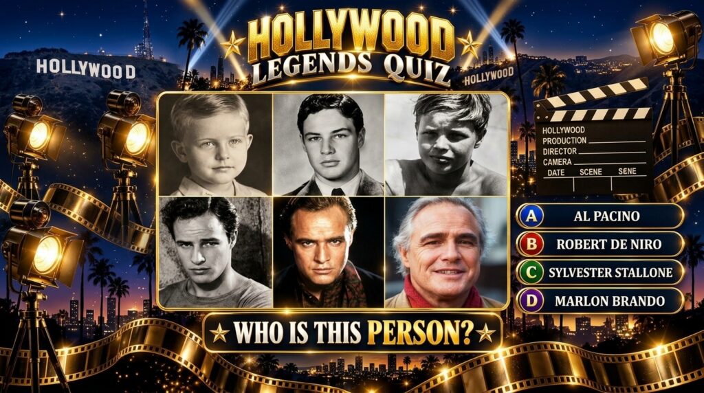 A Hollywood Legends Quiz interface featuring a collage of six portraits of Marlon Brando from different ages set against