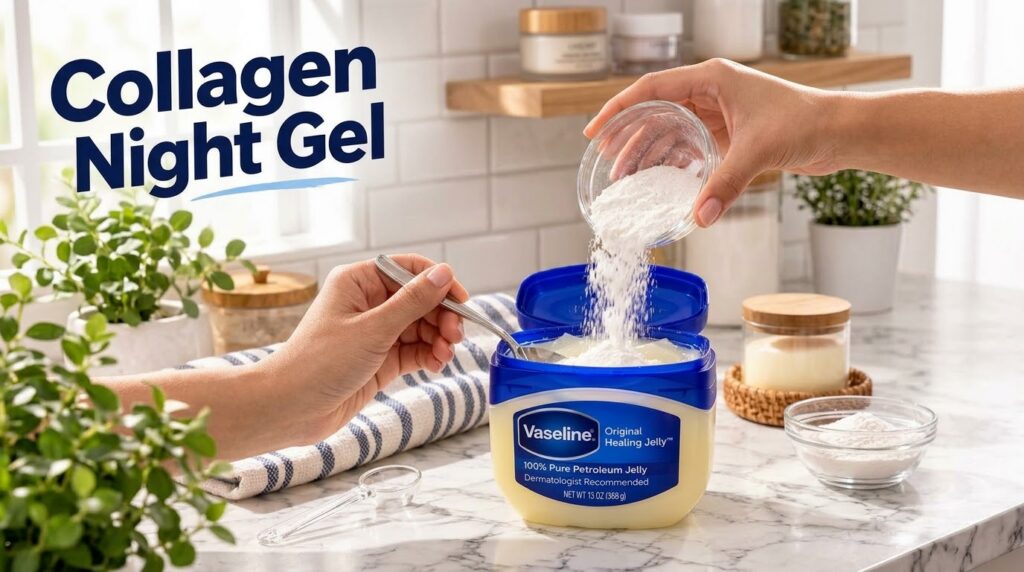 A hand pouring white collagen powder into an open tub of Vaseline Original Healing Jelly in a bright kitchen setting wit