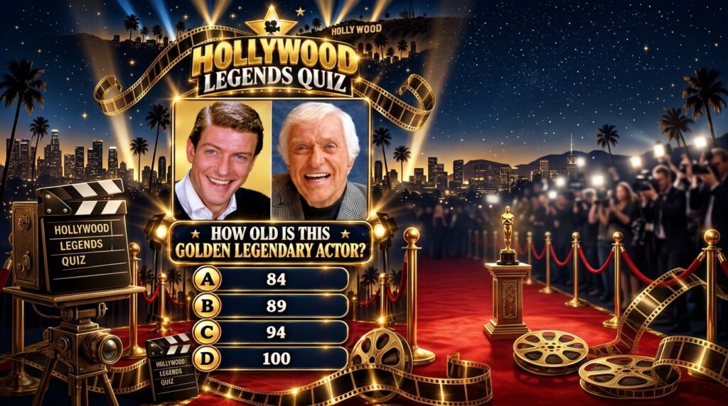 A vibrant Hollywood-themed quiz graphic featuring two portraits of Dick Van Dyke one younger and one older surrounded by
