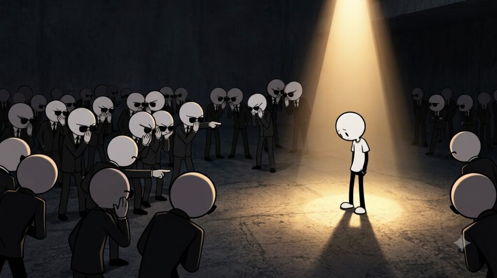 A lone sad figure in a white shirt is illuminated by a harsh spotlight surrounded by a crowd of shadowy faceless figures