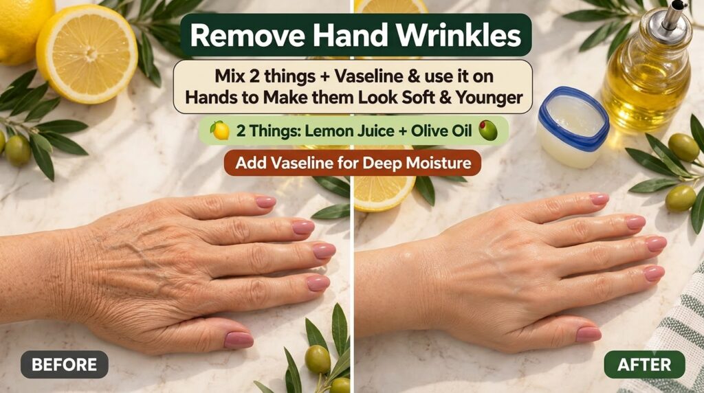 A vertical split-screen comparison showing an aged wrinkled hand in the BEFORE section and a smoother younger-looking ha