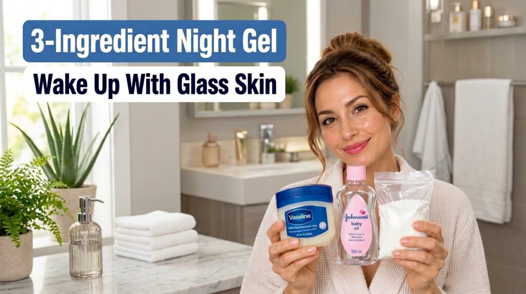 A smiling woman in a bathrobe holding Vaseline baby oil and a bag of cornstarch standing in a well-lit bathroom