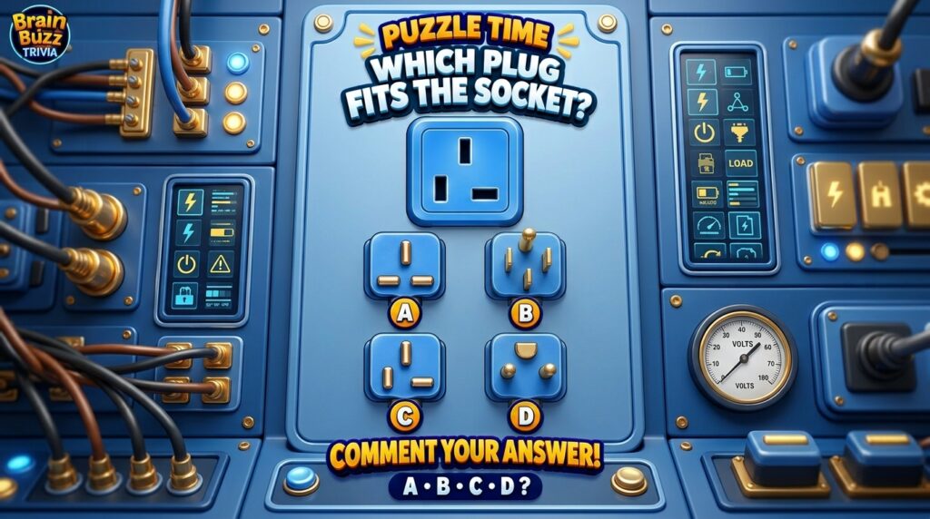 A vibrant digital illustration for a trivia game featuring a large blue electrical socket at the top and four distinct b