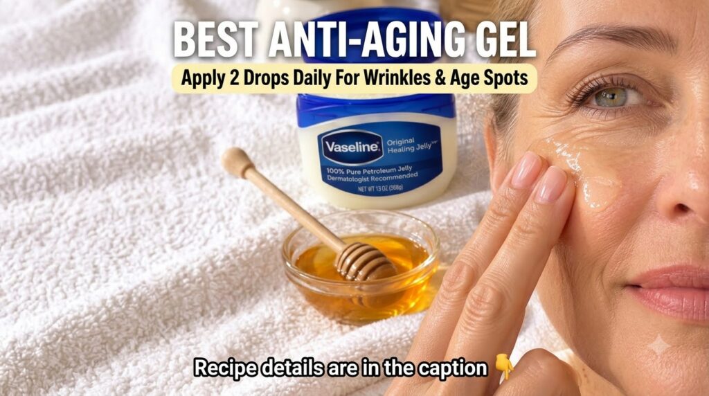 A woman applies a clear gel-like substance to her cheek with her fingers In the soft-focus background a jar of Vaseline 