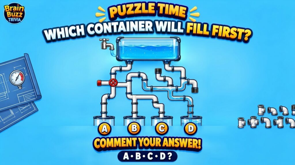 A cartoon-style puzzle showing a water tap pouring into a reservoir which connects to a system of white pipes with blue