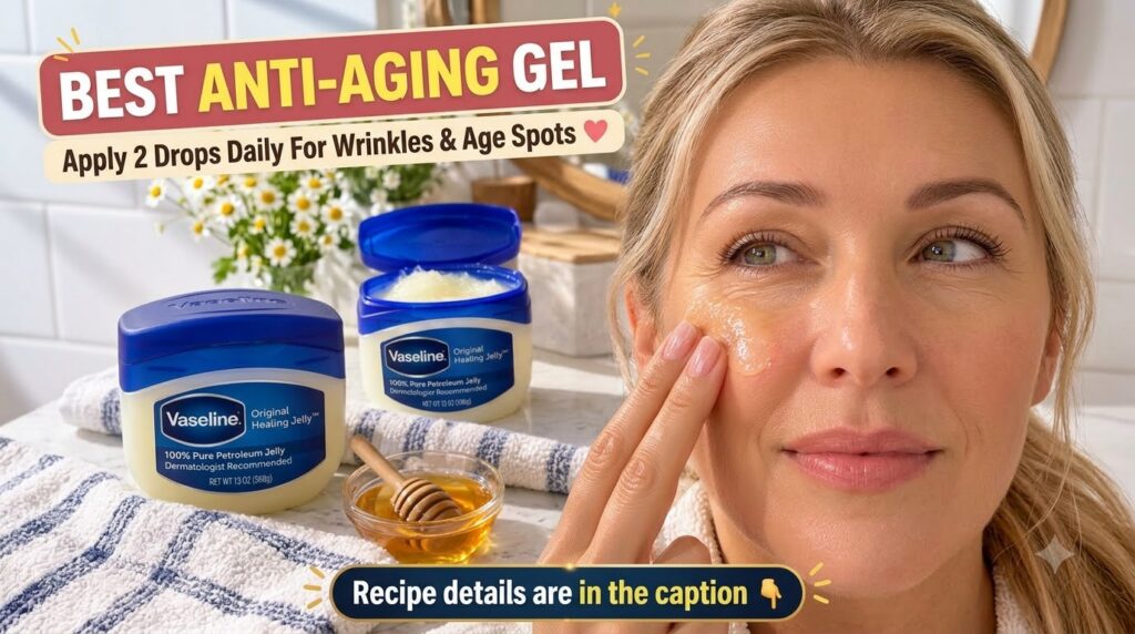 A woman applying a homemade gel to her cheek with a jar of Vaseline and a bowl of honey visible in the foreground on a t
