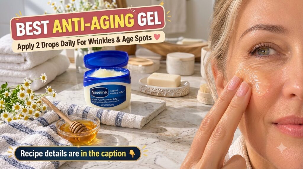 A woman gently applying a clear gel-like substance to her cheek with an open tub of Vaseline and a small bowl of honey w