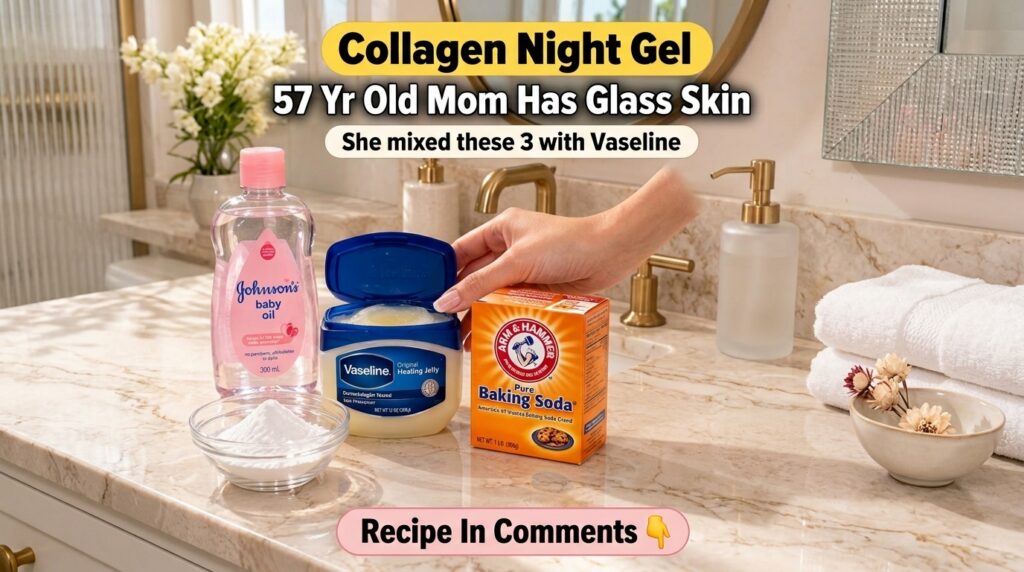 Ingredients for the DIY night gel laid out on a bathroom counter Vaseline baby oil and baking soda in a small bowl with 