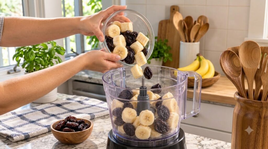 Hands pouring chopped bananas and prunes from a glass bowl into a food processor on a bright kitchen counter
