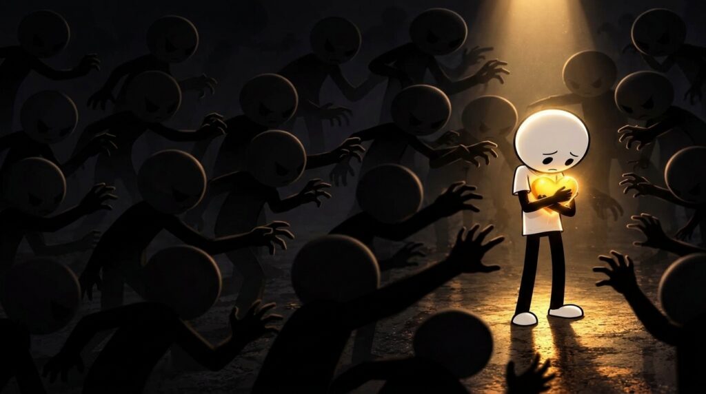 A stick-figure-like character sad and vulnerable illuminated by a golden light from above cradling a glowing golden hear