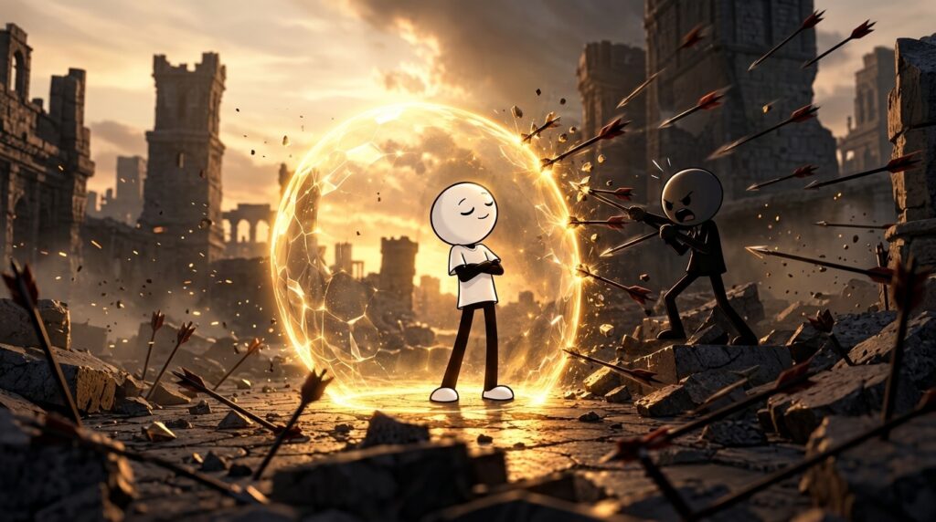 Two stylized stick-figure characters one calm behind a shattering energy shield the other angry firing arrows at it set 